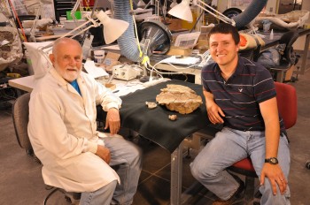 (Right to Left) Joshua Lively, a Jackson School Ph.D. student led the research, and Jerry Golden, to Jerry Golden, a volunteer at the Natural History Museum of Utah, who prepared the new holotype specimen.