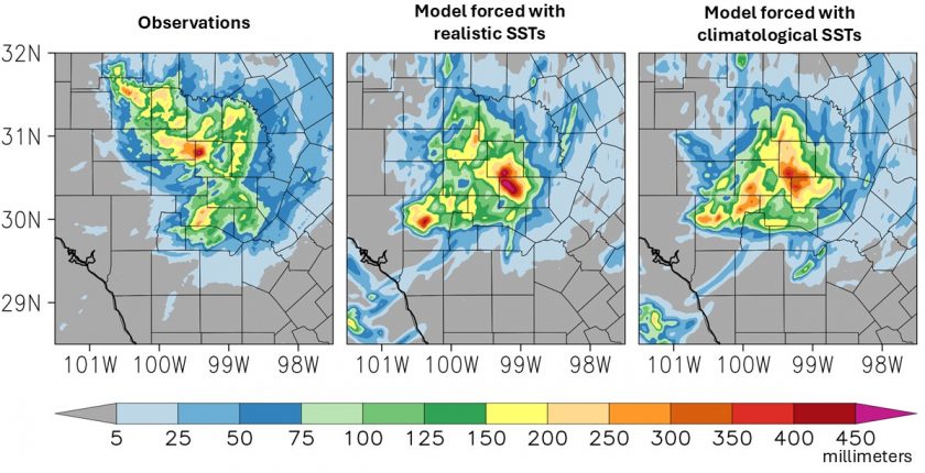 Three maps of Central Texas overlaid with a color-coded representation of rainfall totals on July 4, 2025.