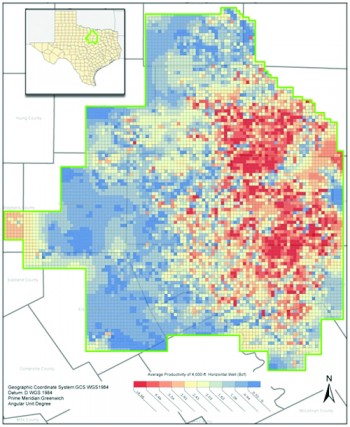 A 30-year gas productivity map of The Barnett Shale produced by the BEG during a previous study. 