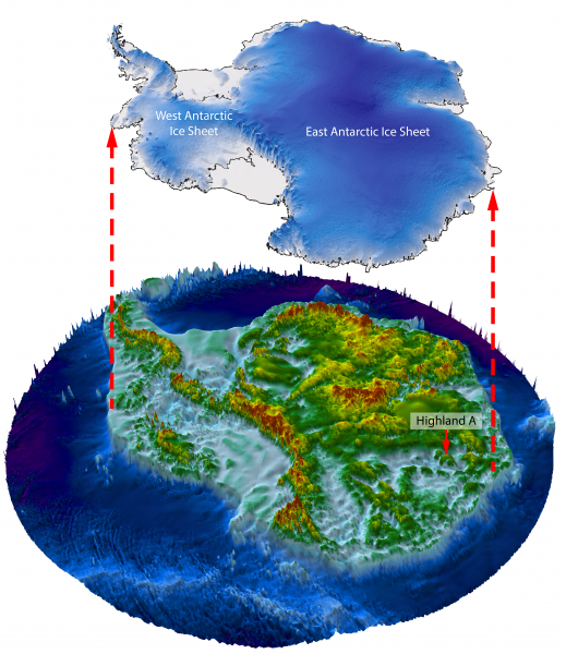 Figure showing mountain ranges beneath Antarctica’s ice.