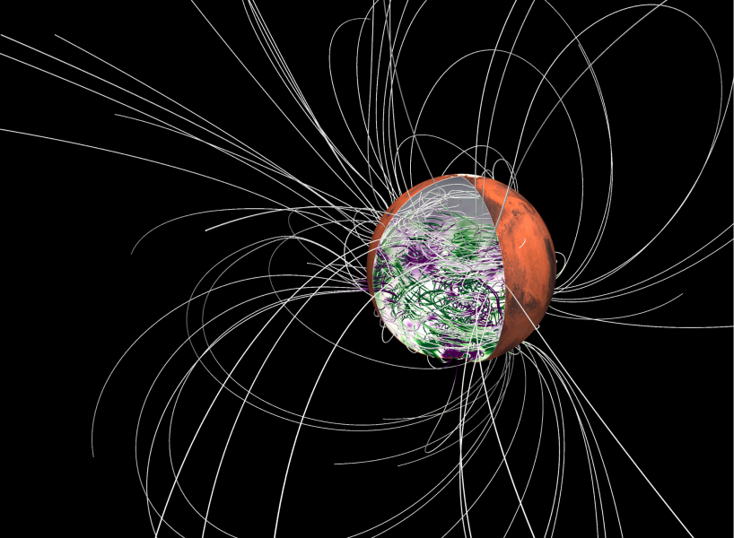 Computer graphic showing a cutaway of Mars with noodle-like lines inside and outside the planet.