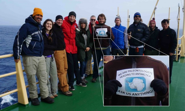  Researchers on the Antarctic Peninsula paleontology project took questions while searching for fossils in the South Pole. Jackson school professor Julia Clarke is fifth from the left. 