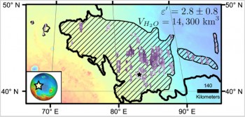 Diagonal striping on this map of a portion of Mars' Utopia Planitia region indicates the area where a large subsurface deposit rich in water ice was assessed using the Shallow Radar (SHARAD) instrument on NASA's Mars Reconnaissance Orbiter. The violet vertical bars show depth to the bottom of the ice-rich deposit. NASA/JPL-Caltech/University of Rome/ASI/PSI