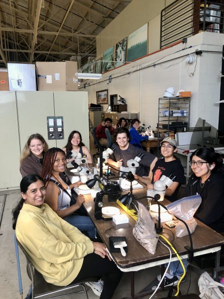 A group of 10 smiling students sit in front of microscopes sorting fossils. Two large ziploc bags holding sediment sit on the edge of the table.