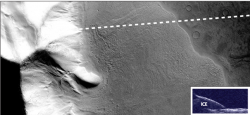 Portion of a large rock-covered flow feature in the eastern Hellas region of Mars. Recent measurements from the Mars Reconnaissance Orbiter SHARAD radar sounder have detected large amounts of water ice in this deposit, arguing for the flow of glacial-like structures on Mars in the relatively recent geologic past. This suggests that snow and ice accumulated on the slope face and flowed over the neighboring plains and is now protected from sublimation by a layer of rock debris and dust. Dashed line shows path of spacecraft and inset shows resulting radar reflections. Over the glacier, there are two reflections: one from the sloping surface and one from the subsurface below the ice. Image is 20 km (12.8 mi.) by 50 km (32 mi.). From the Context Camera on Mars Reconnaissance Orbiter. NASA/JPL/Malin Space Science Systems