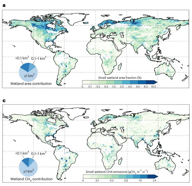Two global heat maps show where small wetlands are most populous and where they emit the most methane, respectively.