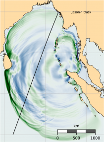 Map of north Indian Ocean showing the simulated earthquake with colored bands.