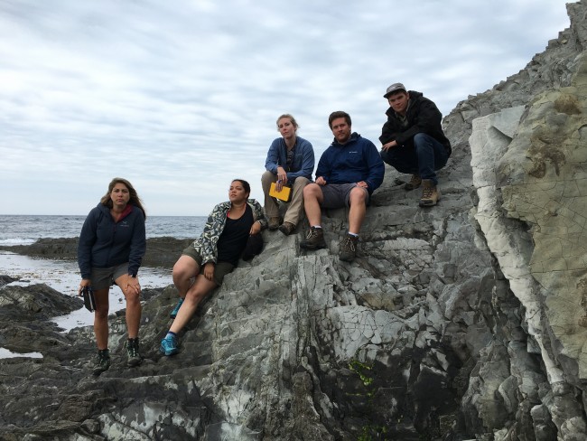 Whitney Behr, Rachel Bernard, Alissa Kotowski, Nicholas Dygert and Travis Clow on an Outcrop in Newfoundland.