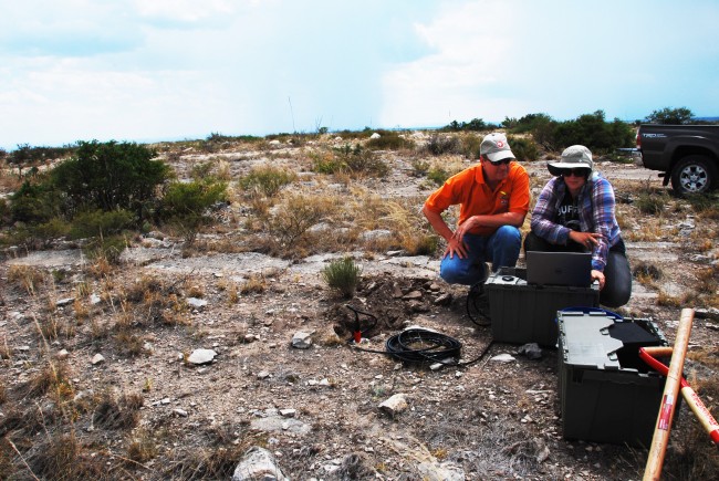 The bureau’s Peter Hennings (left) and Bissett Young during a site evaluation. BEG.