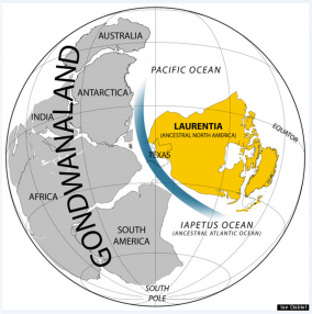 A globe map showing the supercontinent Gondwanaland filling the western hemisphere with the smaller supercontinent Laurentia filling about a third of the western hemisphere. A blue line indicating a sea channel separates them.