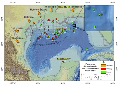 Map of the Gulf of Mexico with overlying arrows around the northern coast pointing inward to the sea. The circles marking sample sites are clustered around the northern gulf with the main exception of the Chicxulub core, which is in the southwest gulf.