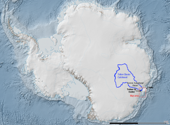 The Totten Glacier catchment (in blue) is a collection basin for ice and snow that flows through the glacier. 