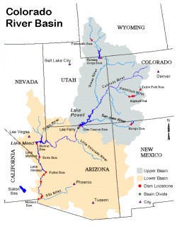 The Colorado River Basin is divided into upper and lower portions. It provides water to the Colorado River, a water source that serves 40 million people over seven states in the southwestern United States. Colorado River Commission of Nevada.