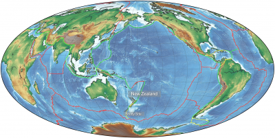 Stretched globe atlas with New Zealand and study site marked. Tectonic plate boundaries are also marked