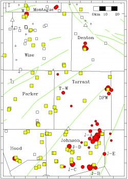 Map of earthquakes and injection wells in Barnett Shale