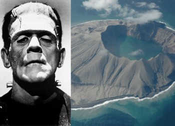 Boris Karloff as Frankenstein's monster. Universal Studios. Mt. Tambora today. Burk Mees.