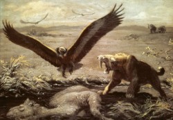 A Charles Knight painting of a Smilodon near a tar pit.