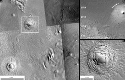 A depression in the Galaxias Fossae region of Mars viewed from multiple perspectives. New research suggests that the depression was formed by an asteroid impact.