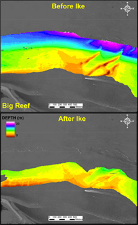 Before-and-after bathymetric images of the shell-gravel ridges in the Bolivar Roads inlet off Big Reef (at the northeast tip of Galveston Island), overlaid on satellite photograph.