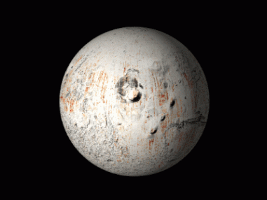 Rotating Mars globe. The surface is white with rust red streaks