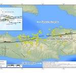 Shaded relief map showing faults, as well as epicenters of the main Haiti earthquake on Jan. 12 and the major aftershocks through Feb. 5. Source: Paul Mann & Ruth Costley.