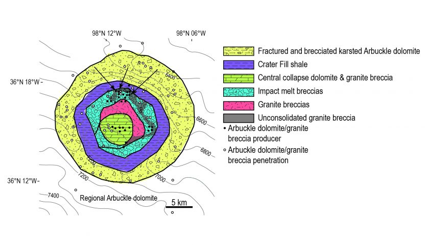 A geological map noting the five types of rock that make up the Ames impact structure, which appear in almost concentric circles.