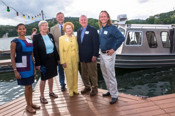 Leaders and supporters of the Jackson School with the RV Scott Petty.  Pictured right to left: Associate Director Corporate and Foundation Relations Jazmine Leon-Wing; Jackson School Dean Sharon Mosher; UTIG Director Terry Quinn; Eleanor Petty; Scott Petty; UTIG research associate professor Sean Gulick