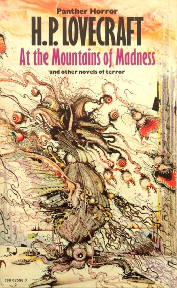 A cover illustration for an edition of "At the Mountains of Madness" released by Panther books in 1974.
