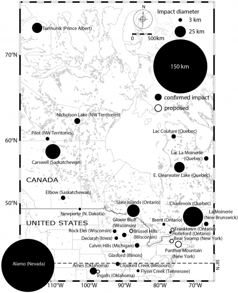 A map up upper North America, from the Texas Panhandle to the top of Canada, shows the approximate area and location of impact structures from about 486-360 million years ago.