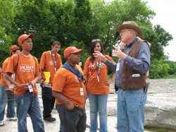 Petroleum geologist Pete Rose (right) told students about the geological history of the park.