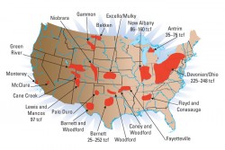 Major shale gas basins in the United States with total resource potential of 500 to 1,000 trillion cubic feet (tcf).  Map courtesy of Schlumberger.