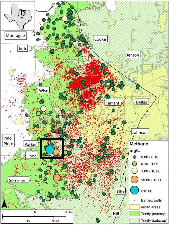 Distribution of dissolved methane across the Barnett Shale play. Each small red dot represents a Barnett Shale gas well. The other colored dots represent groundwater samples locations.The map includes 18,022 wells and 457 unique sample locations, with some overlapping at this scale. The key in the bottom right shows the concentration of methane, if any, found in each water sample. The black square surrounds a high methane area where researchers conducted in-depth analysis of groundwater samples. J.P. Nicot.