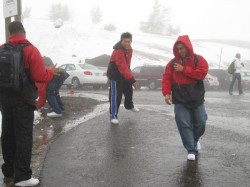 Students, not accustomed to seeing snow back home in Houston, had a snowball fight on Mount Hood