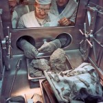 Bill Muehlberger (right) and John Powers (center) examine the largest rock ever returned from the moon, dubbed “Big Muley,” at the Lunar Receiving Laboratory in Houston. Photo: NASA.