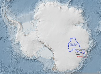 The Totten Glacier catchment (outlined in blue) is a collection basin for ice and snow that flows through the glacier. It's estimated to contain enough material to raise sea levels by at least 11 feet. Image: Jamin Greenbaum