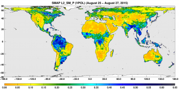 A three-day composite map of global surface soil moisture retrieved from the NASA satellite SMAP between Aug. 25-27, 2015. Dry areas appear yellow/orange, wet areas appear blue, white areas indicate snow, ice or frozen ground.