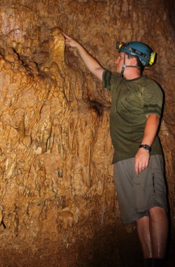 Partin Inspects a Stalagmite in Taurius Cave, Vanuatu