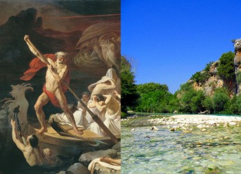 A 19th century painting by Alexander Litovchenko depicting Charon taking souls across the river Styx, one of the river's of the underworld in Ancient Greece. Wikimedia. The Acheron river. Wikimedia.