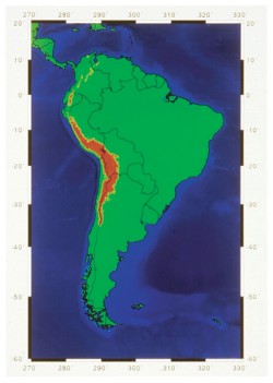 Map of South America, based on USGS data, shows elevations over 3 km in red.