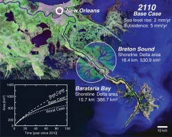View of the lower Mississippi River delta below New Orleans, with predictions for new land. Credit: AGU/EOS