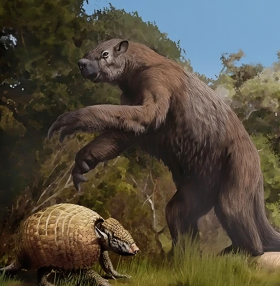 A painting of giant groundsloth and an armadillo-like pampathere