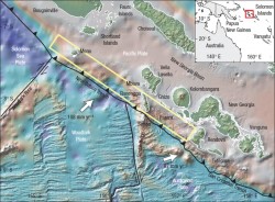 Plate tectonic setting and bathymetry of the western Solomon Islands. The yellow rectangle indicates the approximate rupture zone for the April 2007 earthquake. The 245 km long rupture crossed the triple junction where the Woodlark, Australian and Pacific Plates intersect.