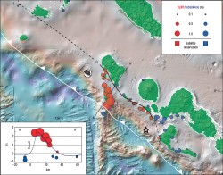 Vertical motions produced by the April 2007 earthquake. Red circles indicate uplift; blue circles indicate subsidence; size is scaled to the amount of vertical displacement. The black star indicates the epicenter for the main shock.