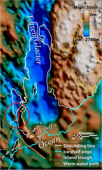 A map showing the previously-hidden landscape beneath Totten Glacier. Orange arrows indicate seafloor valleys deep enough to allow warm water to enter beneath the floating ice that likely explain the glacier’s extreme thinning. The solid orange arrow leads to the deeper of the two gateways, a three-mile-wide seafloor valley previously thought to be completely cut off from the ocean. Image: Jamin Greenbaum