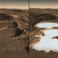 These three craters in the eastern Hellas region of Mars contain concealed glaciers detected by radar. On the left is how the surface looks today, on the right is an artist's concept showing what the ice may look like underneath. Credit: NASA/Caltech/JPL/UTA/UA/MSSS/ESA/DLR, Eric M. De Jong, Ali Safaeinili, Jason Craig, Mike Stetson, Koji Kuramura, John W. Holt.