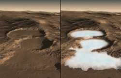This computer graphic image shows three craters in the eastern Hellas region of Mars containing concealed glaciers detected by radar. On the left is how the surface looks today, on the right is an artist's concept showing what the ice may look like underneath. The image was created using image data from the Context Camera on the Mars Reconnaissance Orbiter (MRO) spacecraft combined with results from the SHARAD radar sounder on MRO and HRSC digital elevation map from the Mars Express spacecraft. The color of the Martian surface and ice was estimated from MRO HiRISE color images of other Martian craters and the polar ice caps. The buried ice in these craters as measured by SHARAD is ~ 250 meter thick on the upper crater and ~ 300 and 450 meters on the middle and lower levels respectively. Each image is 20 km (12.8 mi.) across and extends to 50 km (32 mi) in the distance.  Recent measurements from the Mars Reconnaissance Orbiter SHARAD radar sounder have detected large amounts of water ice in such deposits over widespread areas, arguing for the ﬂow of glacial-like structures on Mars in the relatively recent geologic past. This suggests that snow and ice accumulated on higher topography, ﬂowed downhill and is now protected from sublimation by a layer of rock debris and dust. Furrows and ridges on the surface were caused by deforming ice.  Caption Credit: NASA/Caltech/JPL/UTA/UA/MSSS/ESA/DLR Eric M. De Jong, Ali Safaeinili, Jason Craig, Mike Stetson, Koji Kuramura, John W. Holt