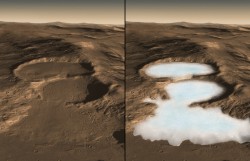 This computer graphic image shows three craters in the eastern Hellas region of Mars containing concealed glaciers detected by radar. On the left is how the surface looks today, on the right is an artist's concept showing what the ice may look like underneath. The image was created using image data from the Context Camera on the Mars Reconnaissance Orbiter (MRO) spacecraft combined with results from the SHARAD radar sounder on MRO and HRSC digital elevation map from the Mars Express spacecraft. The color of the Martian surface and ice was estimated from MRO HiRISE color images of other Martian craters and the polar ice caps. The buried ice in these craters as measured by SHARAD is ~ 250 meter thick on the upper crater and ~ 300 and 450 meters on the middle and lower levels respectively. Each image is 20 km (12.8 mi.) across and extends to 50 km (32 mi) in the distance. Recent measurements from the Mars Reconnaissance Orbiter SHARAD radar sounder have detected large amounts of water ice in such deposits over widespread areas, arguing for the flow of glacial-like structures on Mars in the relatively recent geologic past. This suggests that snow and ice accumulated on higher topography, flowed downhill and is now protected from sublimation by a layer of rock debris and dust. Furrows and ridges on the surface were caused by deforming ice. Caption Credit: NASA/Caltech/JPL/UTA/UA/MSSS/ESA/DLR Eric M. De Jong, Ali Safaeinili, Jason Craig, Mike Stetson, Koji Kuramura, John W. Holt