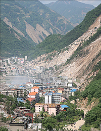 Mudslide near the epicenter of the 12 May 2008 Wenchuan earthquake. Photo taken 13 May 2008 by Yueping Yin.