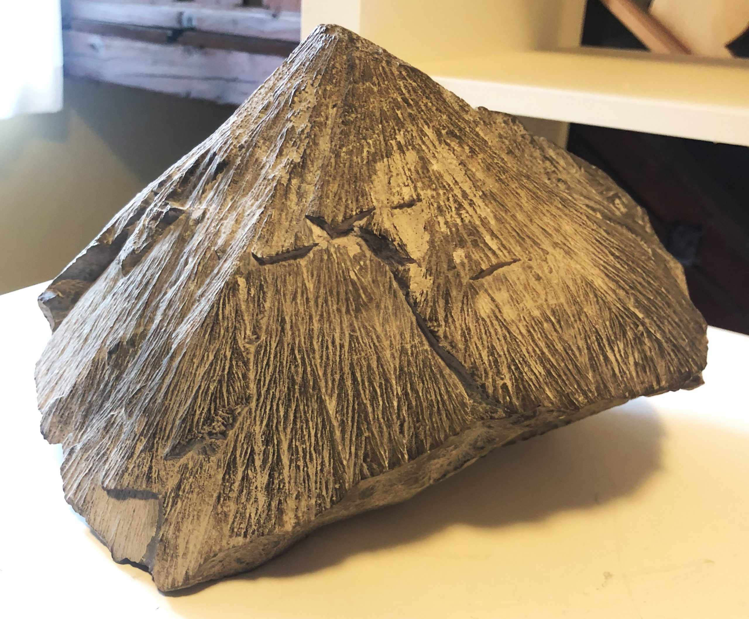 A grey rock which is cone shaped, on a white plinth. "lineaments" run along the sides of the cone, which is what indicates this is a shatter cone.