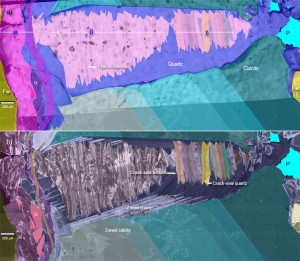 Scanning-electron-microscope images of structural diagenetic textures within fractures. The linear feature in the center is a cement deposit called a bridge formed during fracture opening. Such bridges, discovered in Bureau research, allow researchers to measure key aspects of fractures, such as opening rate, that were previously inaccessible. Results can test predictive models and improve subsurface fracture diagnostics.